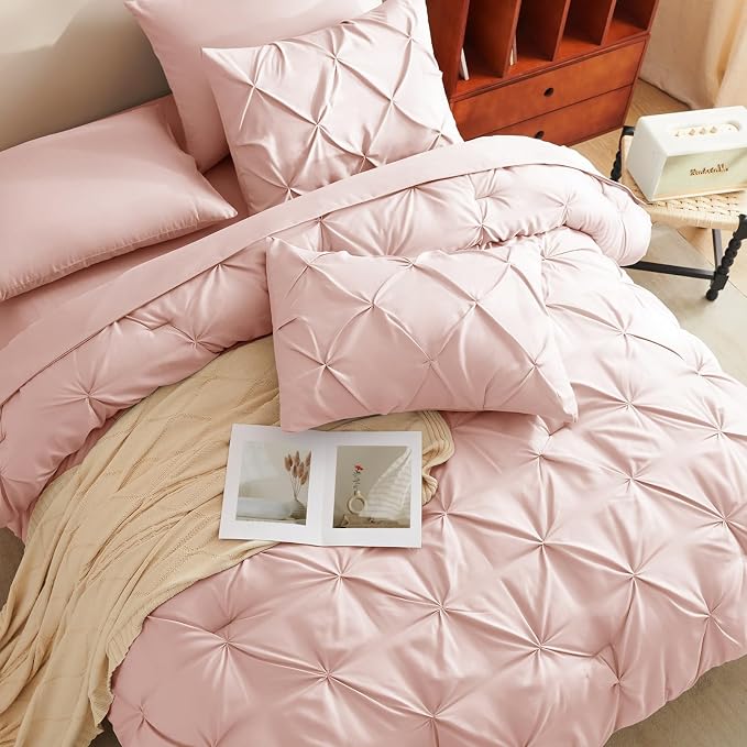HIMEET Pintuck Bed in a Bag, 7 Pieces King Size Comforter Set Blush Pink - Image 4