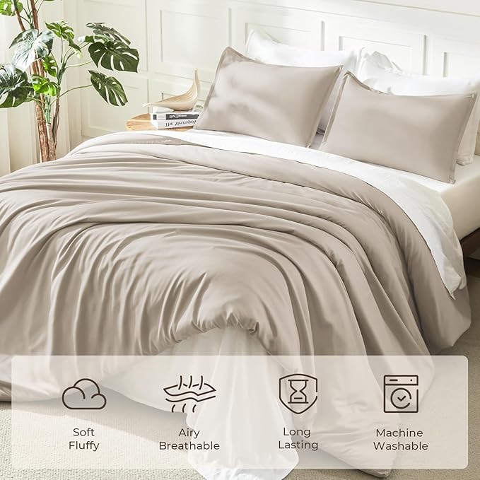 Litanika Oatmeal Comforter Queen Size, 3 Pieces Lightweight Solid Bedding - Image 3