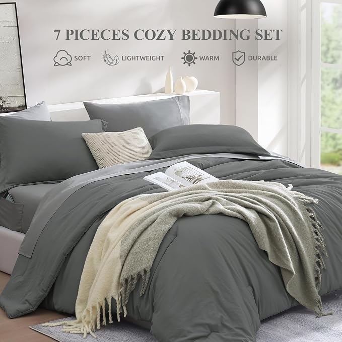 WRENSONGE King Size Comforter Set- 7 Pieces Soft Grey Bed in a Bag - Image 3