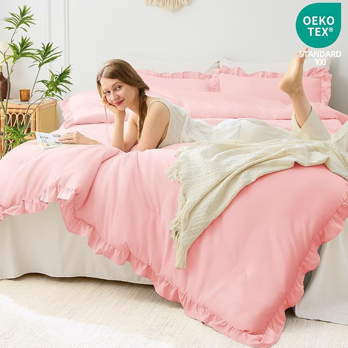 FUANNA Twin Comforter Set Pink, 2 Pieces Ruffle Twin Bed Set, Fluffy Twin - Image 3