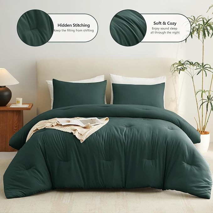 CozyLux Full Size Comforter Set Forest Green, 3 Pieces Solid Breathable Quilted - Image 2