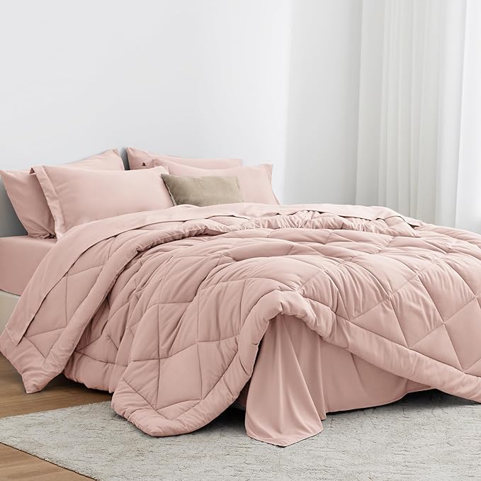 Love's cabin Queen Comforter Set Pink, 7 Pieces Queen Bed in a Bag, All Season by Lovescabin