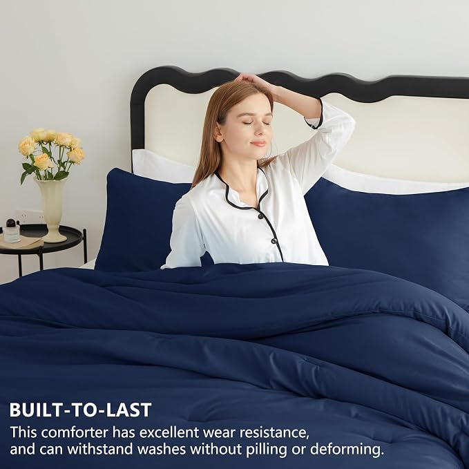 CozyLux Oversized King Comforter Set Navy Blue, 3 Pieces 120x98 Solid - Image 3