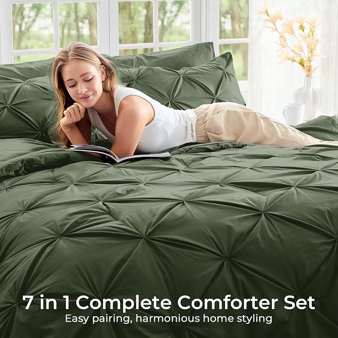 Sasttie Queen Comforter Set, 7-Piece Bed in a Bag, Pintuck Bedding Set - Image 6