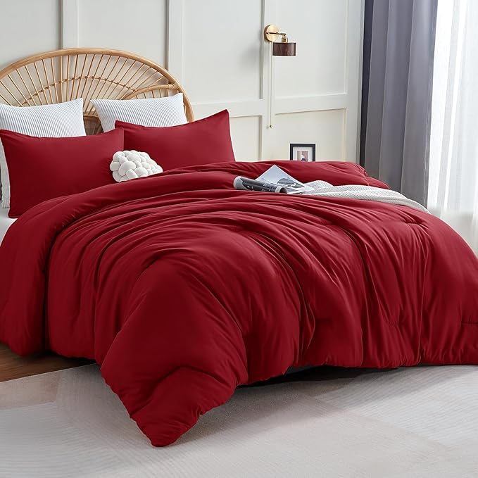 CozyLux Full Size Comforter Set Dark Red, 3 Pieces Solid Breathable Quilted by CozyLux