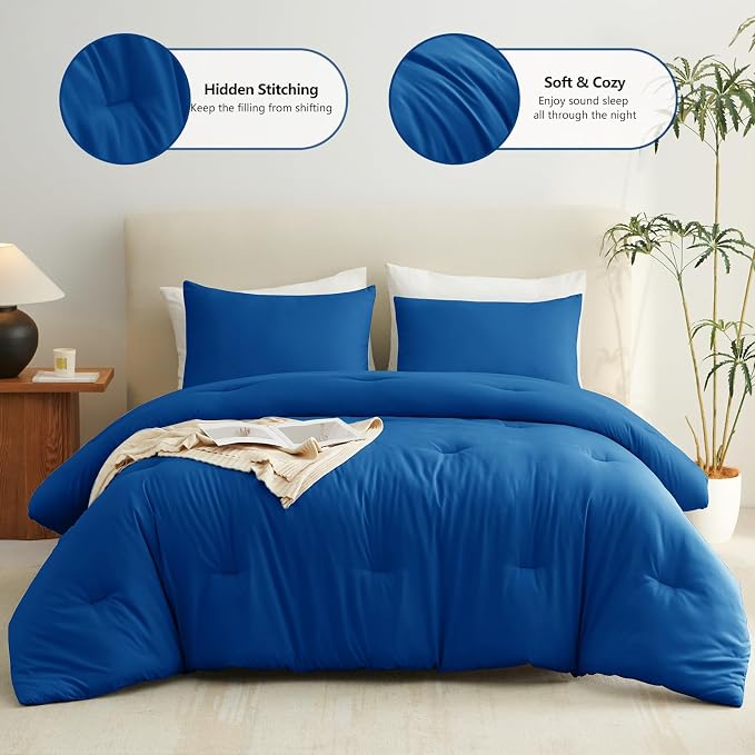 CozyLux King Size Comforter Set Classic Blue, 3 Pieces Solid Comforters King - Image 2