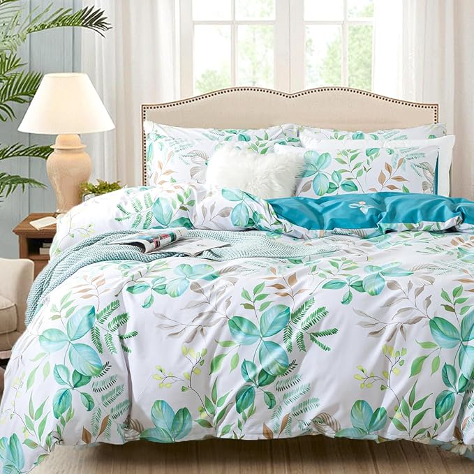 FADFAY Botanical Duvet Cover Sets Twin Size 100% Cotton Teal Green Leaves by CottonWorldSweetDream