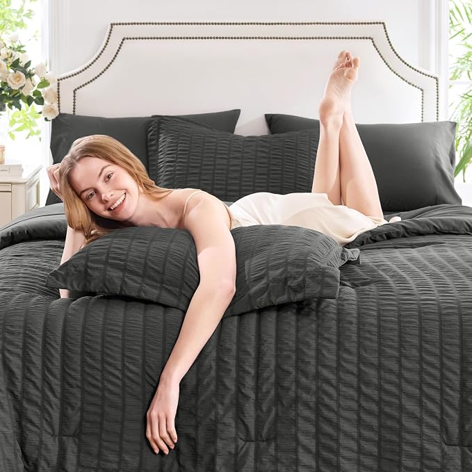 CozyLux Oversized Queen Comforter Set Dark Grey Seersucker 7 Pieces 98x98 Bed - Image 3