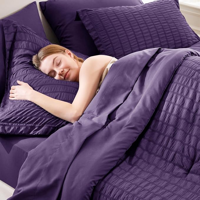 CozyLux King Size Comforter Set Purple Seersucker 7 Pieces Bed in a Bag King - Image 7