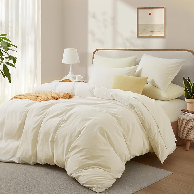Cream White Cotton Duvet Cover Full Size, Linen-Like Natural Bedding Set - Image 2