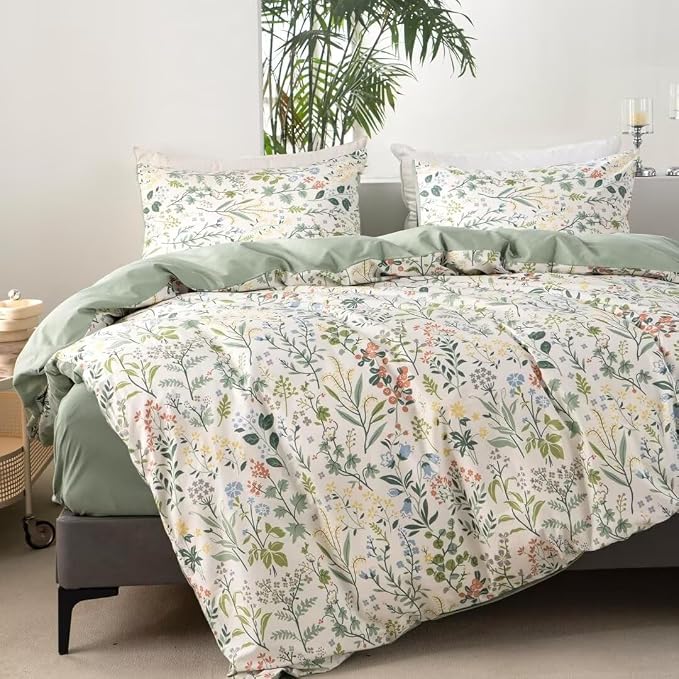 MKXI Queen Size Wildflower Duvet Cover Set Sage Green Spring Floral Bedding Set - Image 2