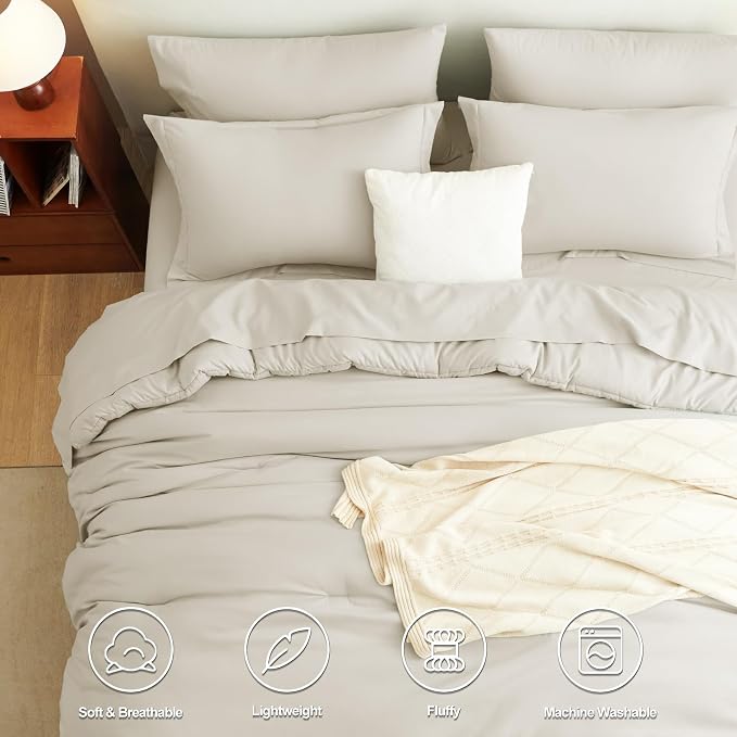 CozyLux Queen Comforter Set Beige, 7 Pieces Bed in a Bag Queen Comforter Set - Image 2
