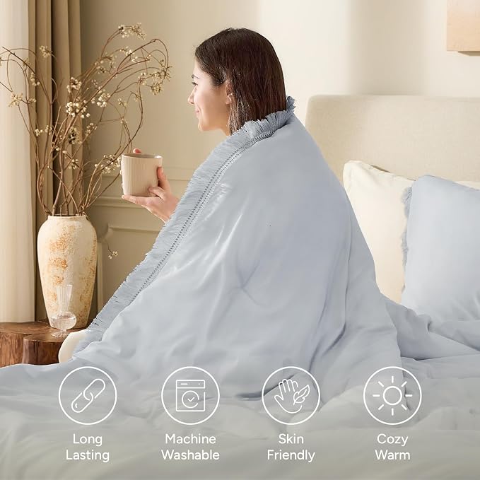 Andency Light Grey Comforter Set California King, 3 Pieces Boho Tassel - Image 4