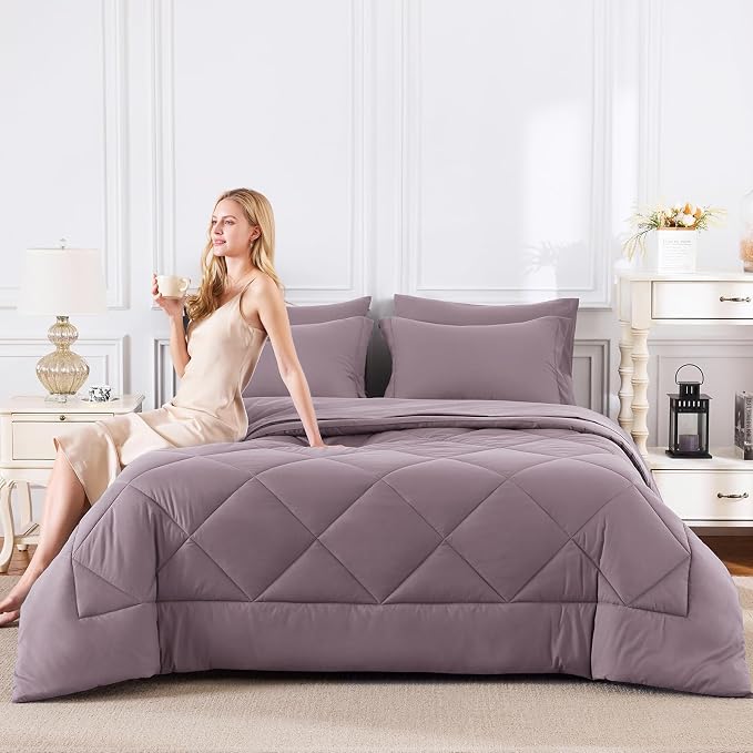 CozyLux Oversized Queen Comforter Set Dusty Purple, 7 Pieces Bed in a Bag - Image 7