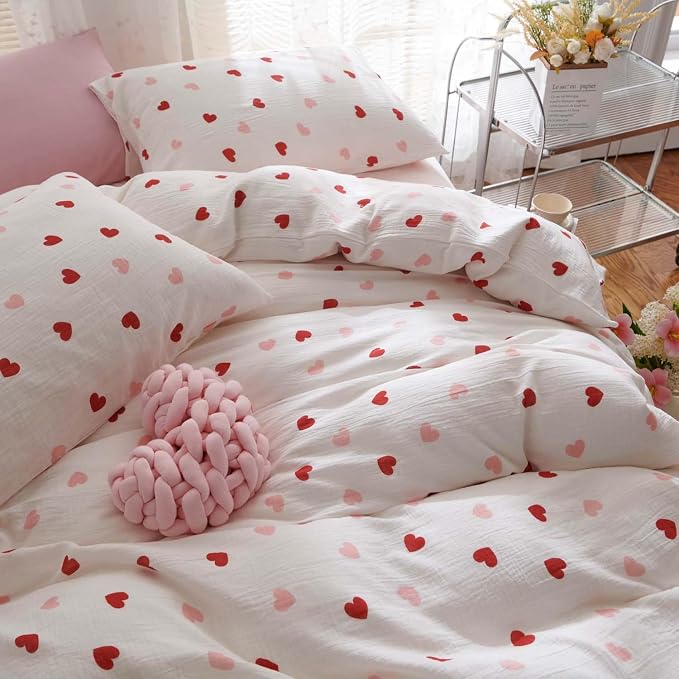 Nayoroom Heart Duvet Cover Full Size Red Pink Hearts Printed on White Coquette - Image 5
