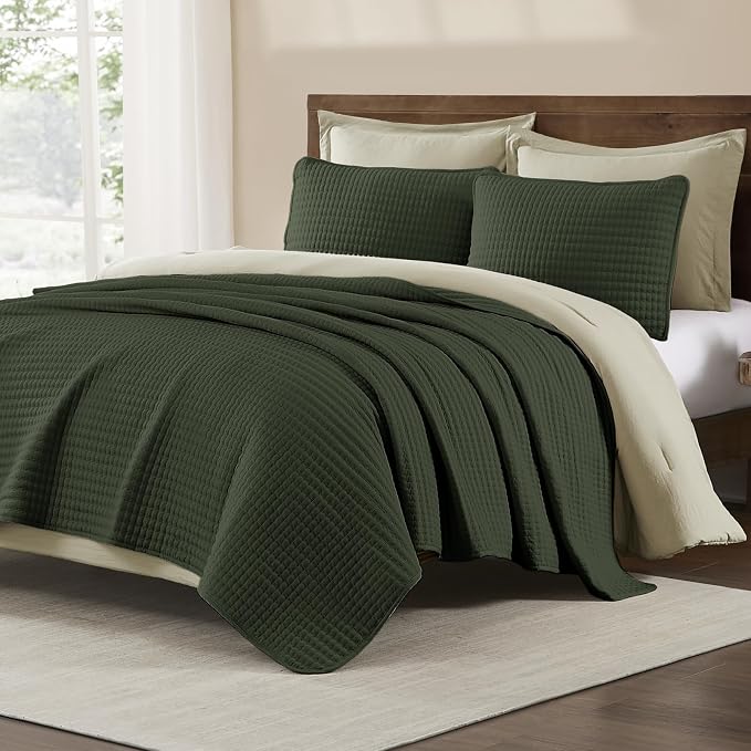 WRENSONGE Queen Quilt-3 Pieces Lightweight Bedspreads Dark Green Queen Size - Image 2