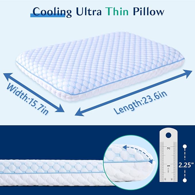 Thin Pillow for Sleeping, Cooling Gel Flat Pillow for Stomach and Back Sleepers - Image 2