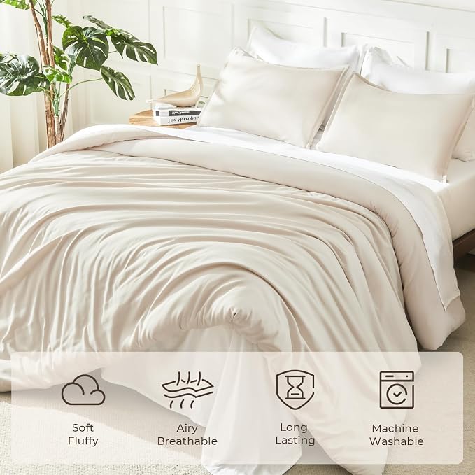 Litanika Queen Comforter Set Beige, 3 Pieces Lightweight Fluffy Solid Bedding - Image 3