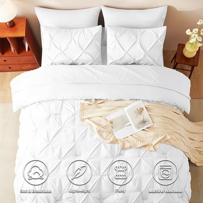HIMEET Pintuck Bed in a Bag, 5 Pieces Twin Comforter Set White, Pinch Pleat Bed - Image 2