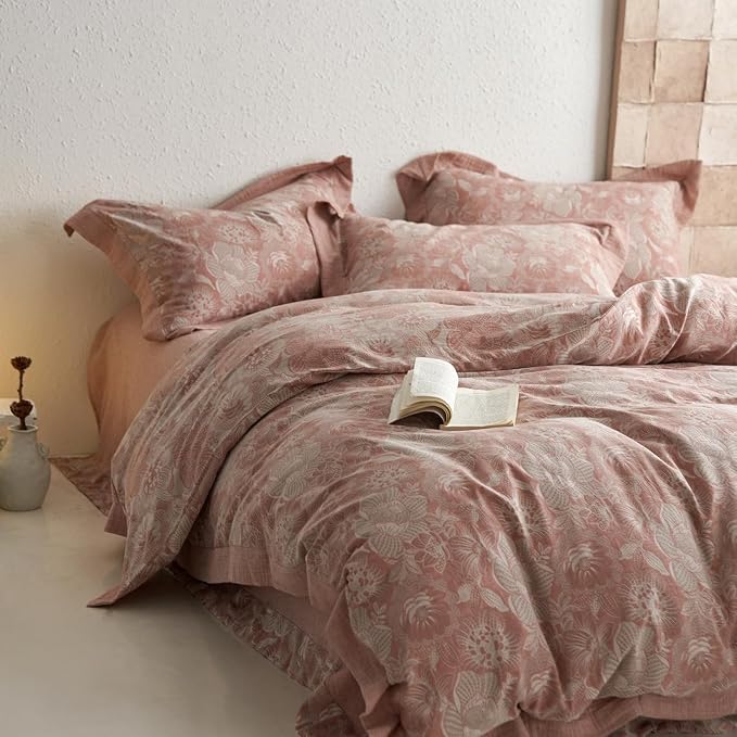 mixinni Duvet Cover Queen, Premium Cotton Double-Layer Yarn Pink Floral - Image 2