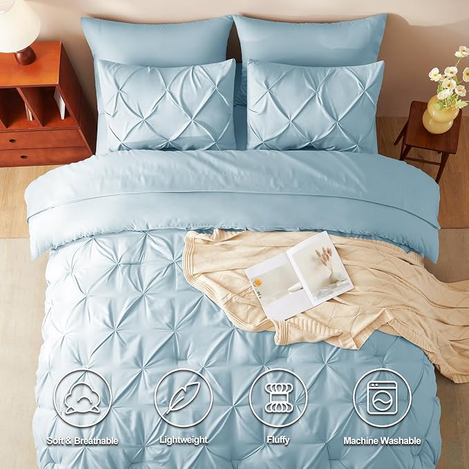 HIMEET Pintuck Bed in a Bag, 7 Pieces King Size Comforter Set Light Blue - Image 2