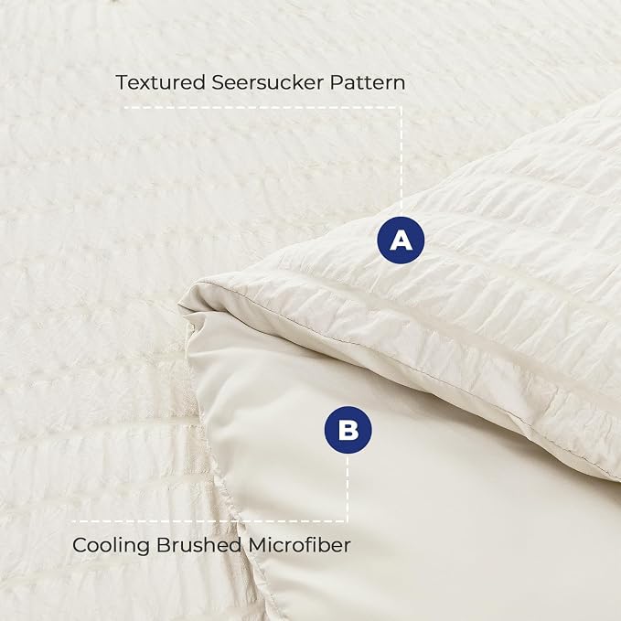 HYMOKEGE Ivory California King Comforter Set Seersucker 7 Pieces, All Season - Image 4