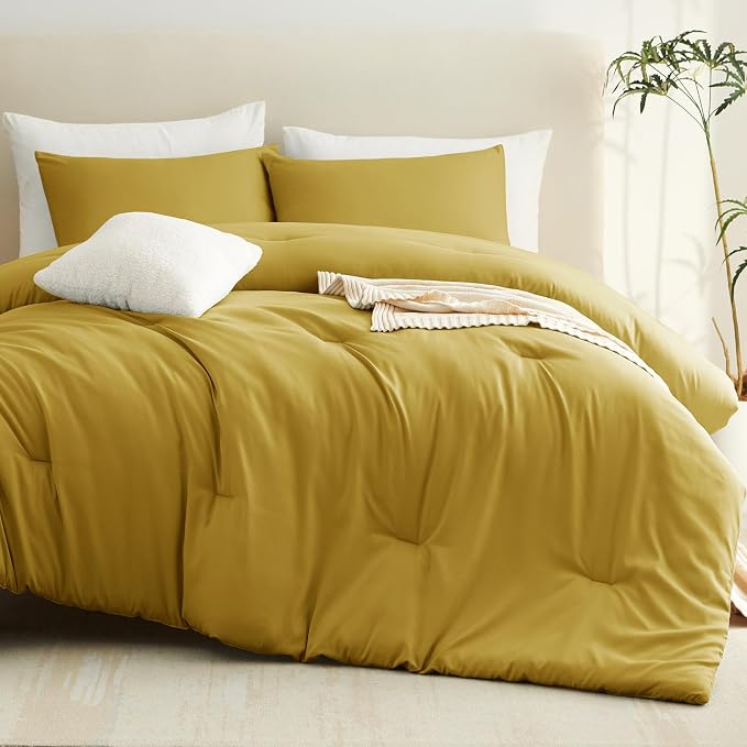 CozyLux King Size Comforter Set Mustard Yellow, 3 Pieces Solid Comforters King - Image 8