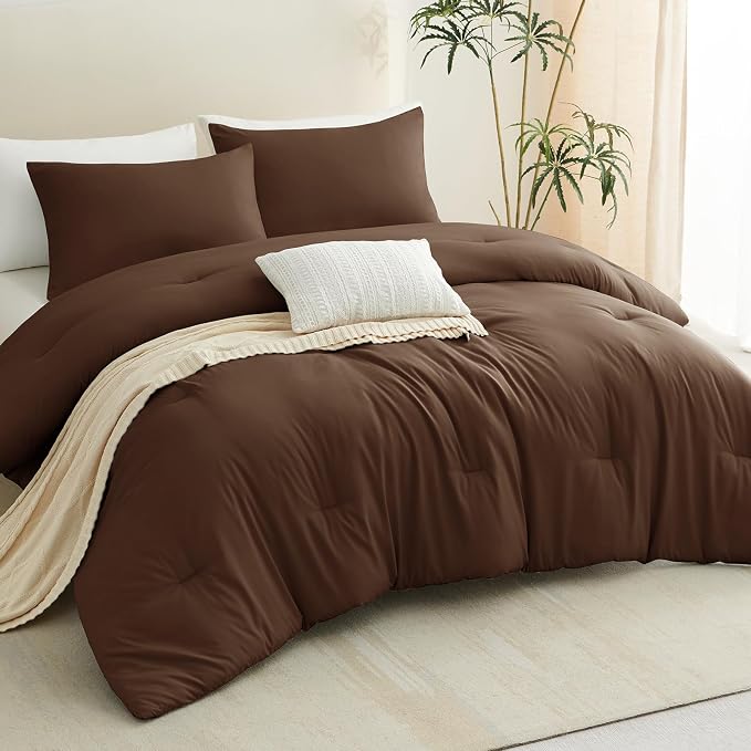 CozyLux California King Comforter Set Brown, 3 Pieces Cal King Solid Breathable - Image 8
