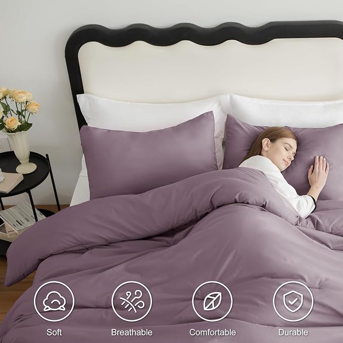 CozyLux California King Comforter Set Dusty Purple, 3 Pieces Cal King Solid - Image 5