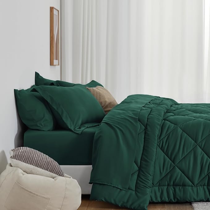 Love's cabin Queen Comforter Set Dark Green, 7 Pieces Queen Bed in a Bag - Image 8
