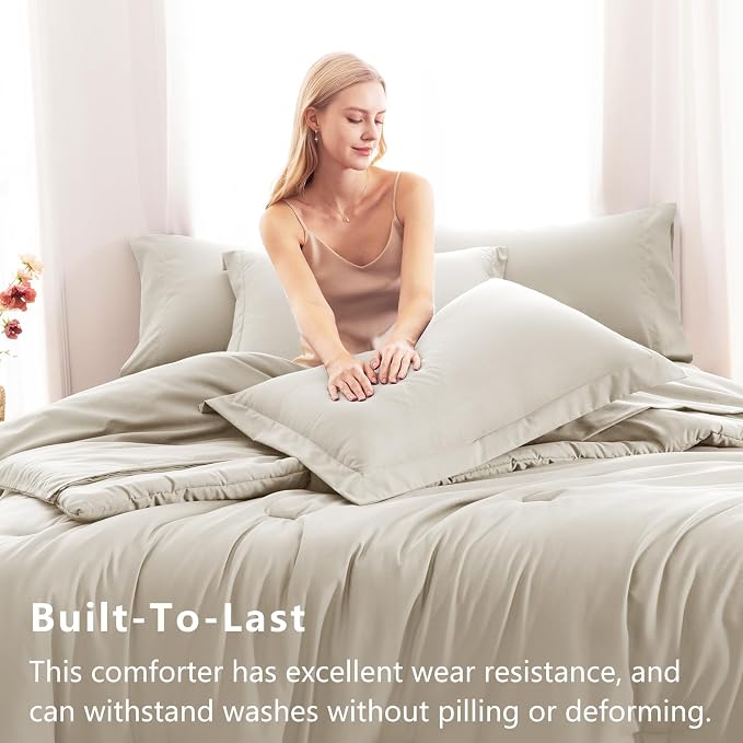CozyLux Oversized Queen Comforter Set Beige, 7 Pieces Bed in a Bag Comforter Set - Image 3
