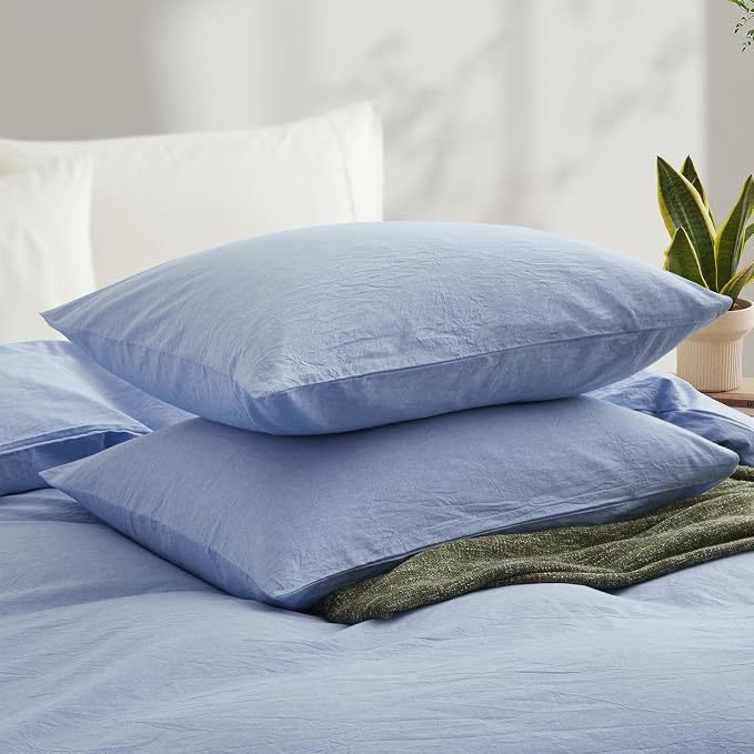 LOVQUE Light Blue Cotton Duvet Cover Queen Size, Linen Like Natural Bedding Set - Image 3