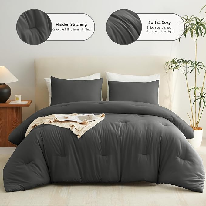 CozyLux Super King Plus Comforter Set Dark Grey, 3 Pieces 128x120 Solid - Image 2