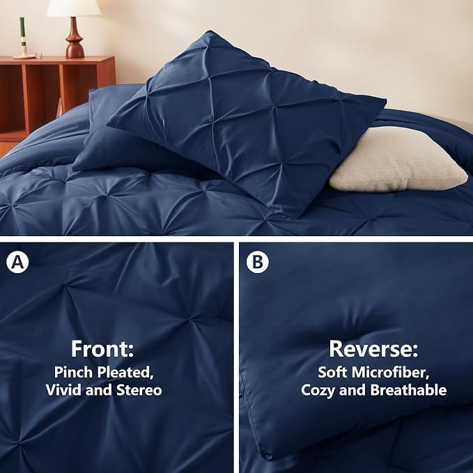 HIMEET Pintuck Bed in a Bag, 7 Pieces King Size Comforter Set Navy Blue - Image 3