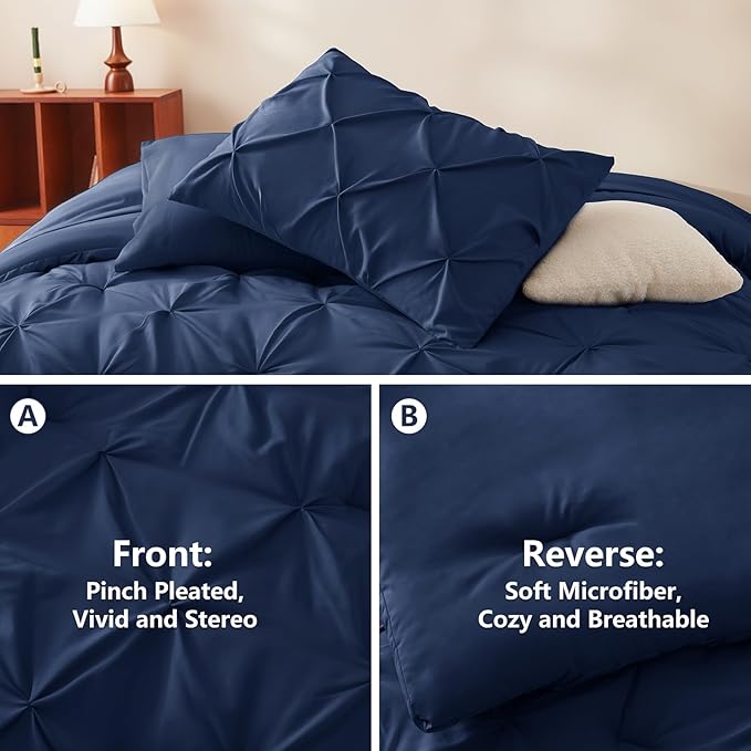HIMEET Pintuck Bed in a Bag, 7 Pieces Full Size Comforter Set Navy Blue - Image 3