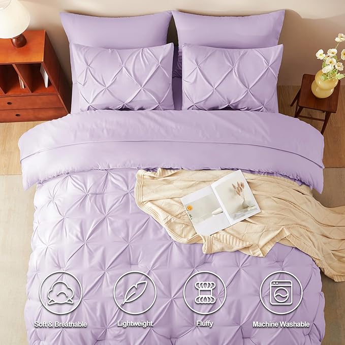 HIMEET Pintuck Bed in a Bag, 7 Pieces Full Size Comforter Set Lavender - Image 2