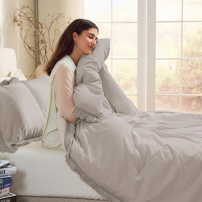 Andency Queen Comforter Set Heather Grey, 3 Pieces Boho Fall Tassel Lightweight - Image 5