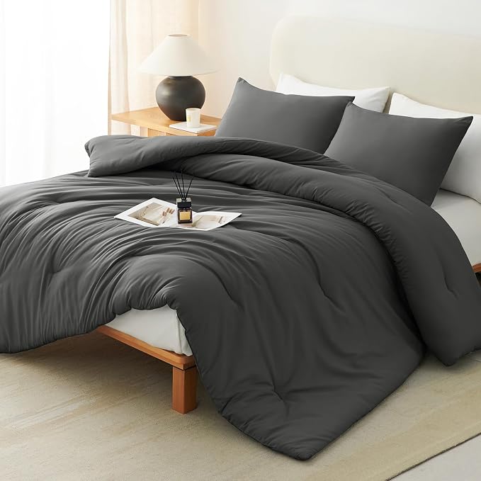 CozyLux Oversized King Comforter Set Dark Grey, 3 Pieces 120x98 Solid by CozyLux