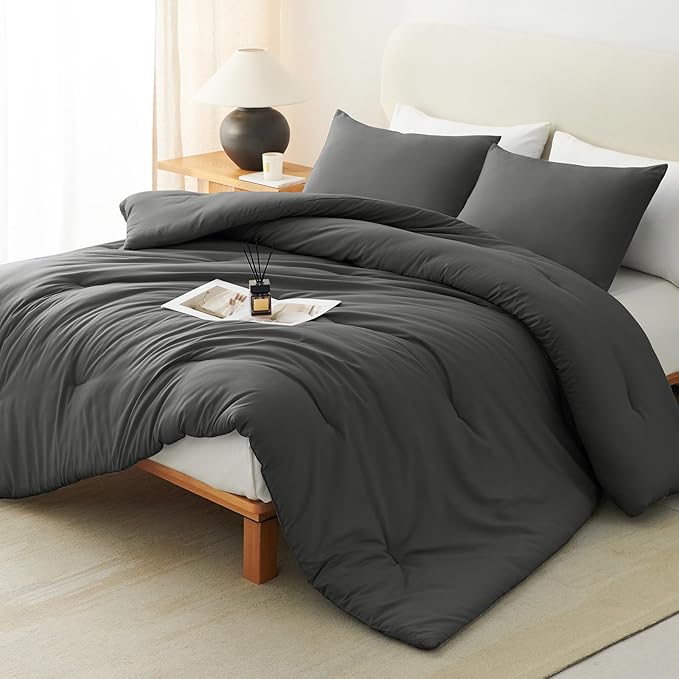 CozyLux Super King Plus Comforter Set Dark Grey, 3 Pieces 128x120 Solid by CozyLux