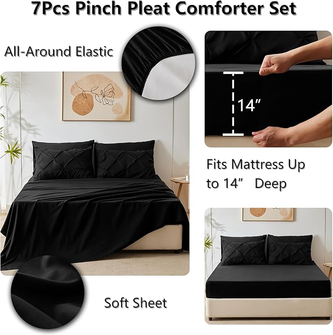 HIMEET Pintuck Bed in a Bag, 7 Pieces Oversized King Comforter Set Black - Image 6