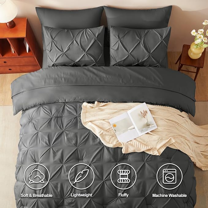 HIMEET Pintuck Bed in a Bag, 7 Pieces Oversized Queen Comforter Set Dark Grey - Image 2