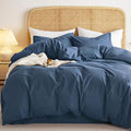 Wake In Cloud - Cotton Duvet Cover Set, Full Size, Dark Navy Blue, 100% Washed by WakeInCloud