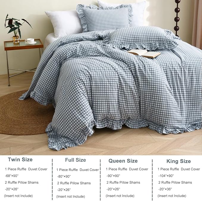 Silnuo Light Blue/White Plaid Ruffle Duvet Cover Queen Size, 100% Washed Cotton - Image 3