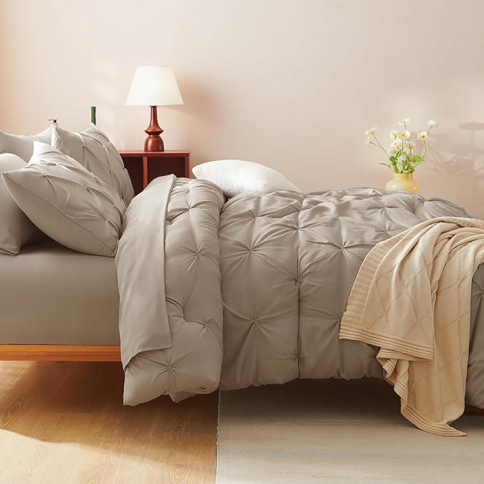 CozyLux Queen Comforter Set Khaki, 7 Pieces Pintuck Bed in A Bag, Premium Khaki - Image 6
