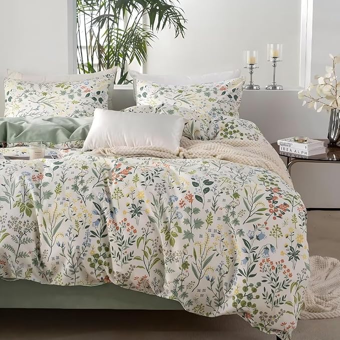 MKXI Queen Size Wildflower Duvet Cover Set Sage Green Spring Floral Bedding Set - Image 4