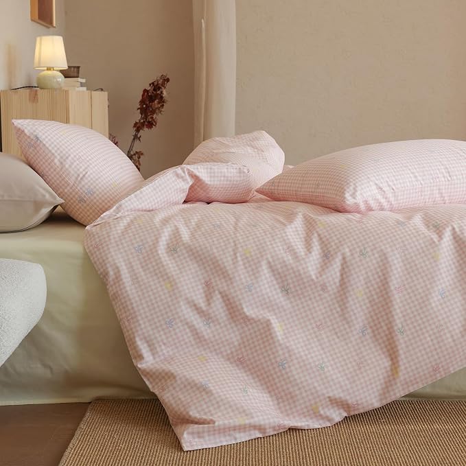 mixinni Gingham Duvet Cover Queen Size, 100% Cotton Light Pink and White - Image 2