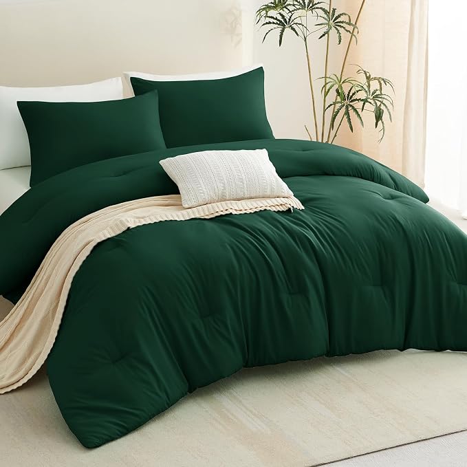 CozyLux Dark Emerald Green Queen Comforter Set, 3 Pieces Solid Breathable - Image 9