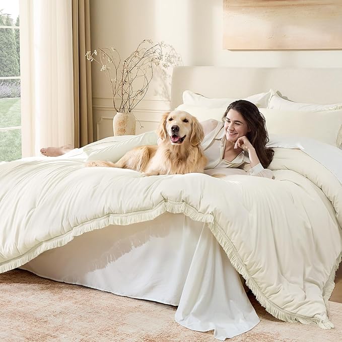 Andency Comforter Oversized King Ivory 120x98, 3 Pieces Boho Winter Lightweight - Image 3