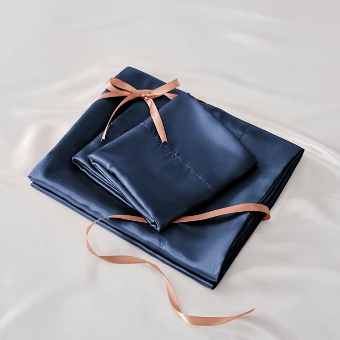 BEDELITE Satin Sheets Full XL Size Bed Set, Luxury Soft Navy Silky Sheets - Image 7