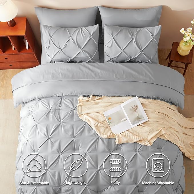 HIMEET Pintuck Bed in a Bag, 7 Pieces King Size Comforter Set Light Grey - Image 2